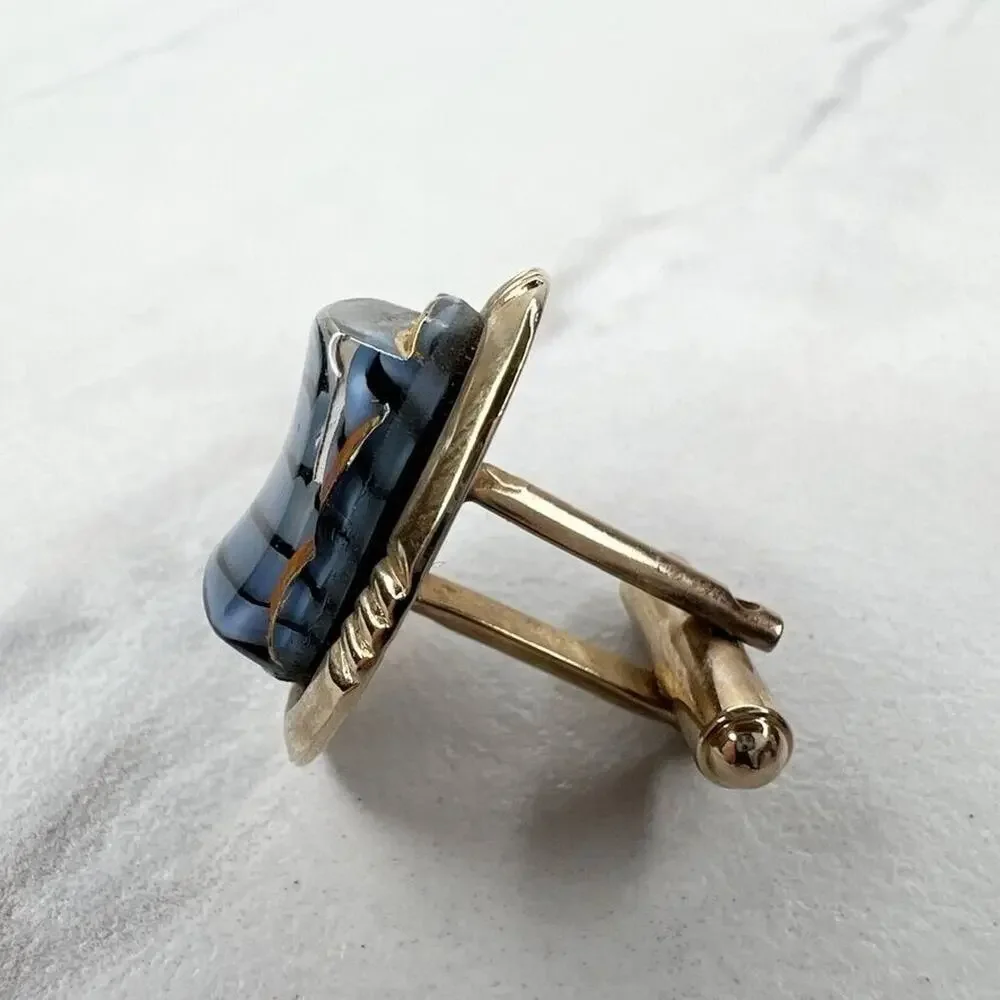 Gold Tone Black Gray Stripe Single Cufflink